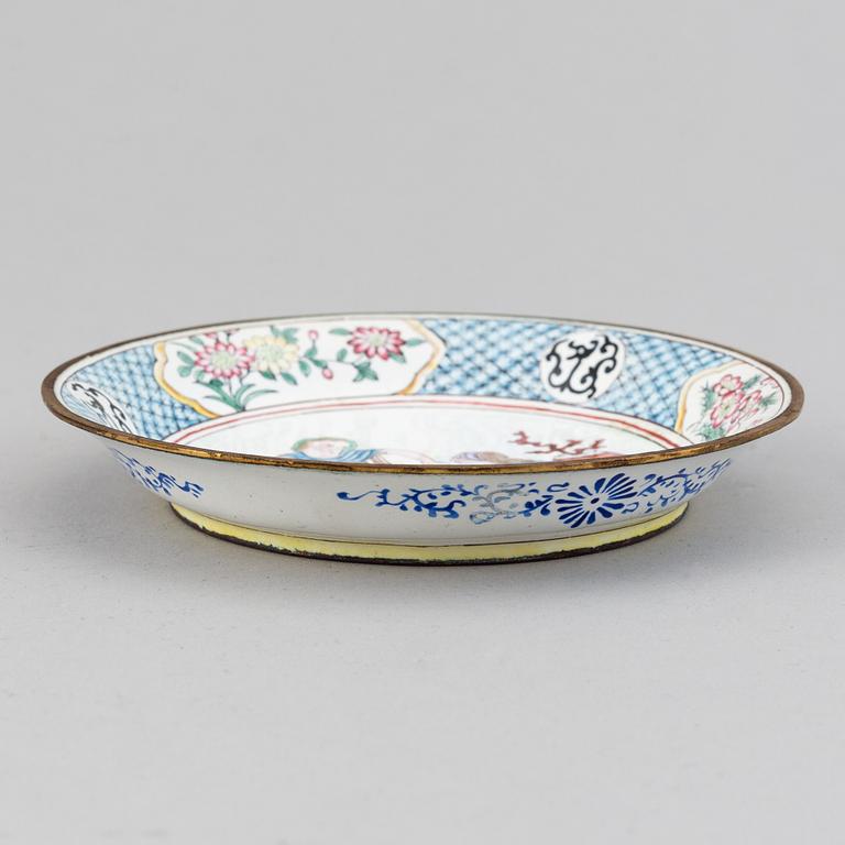 A set of 9 enamel on copper dishes, early 20th Century.