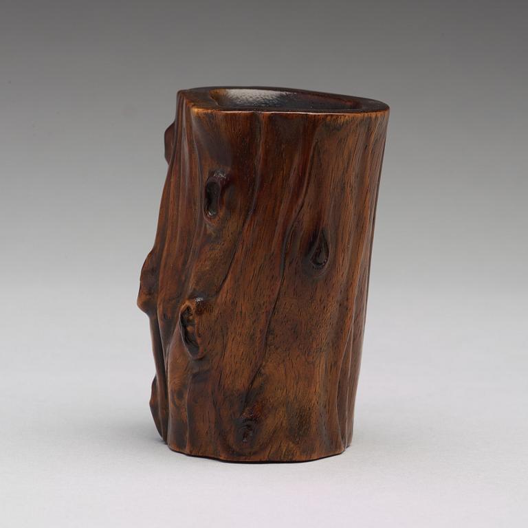 A wooden brush pot, presumably late Qing dynasty.