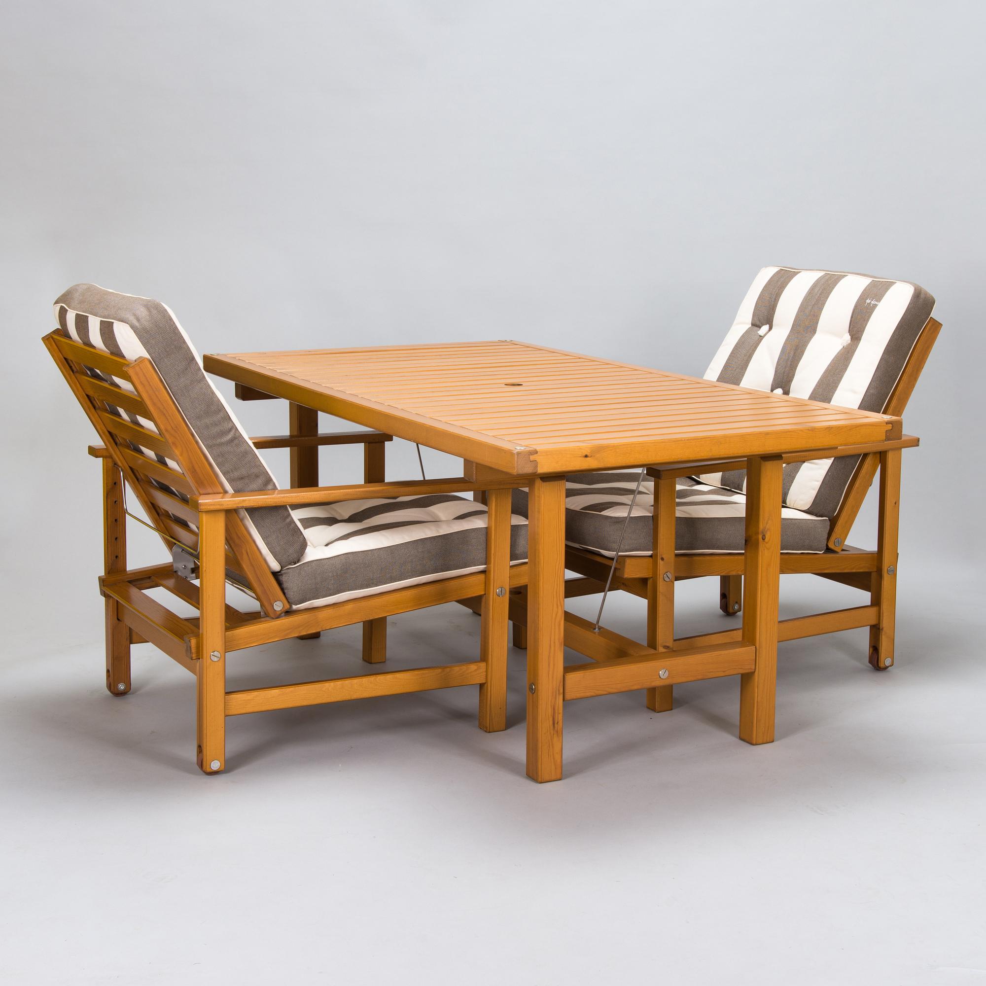 Elsa Stackelberg, a garden table and a pair of garden chairs, Fri Form, Edsbruk, Sweden, late 20th century.