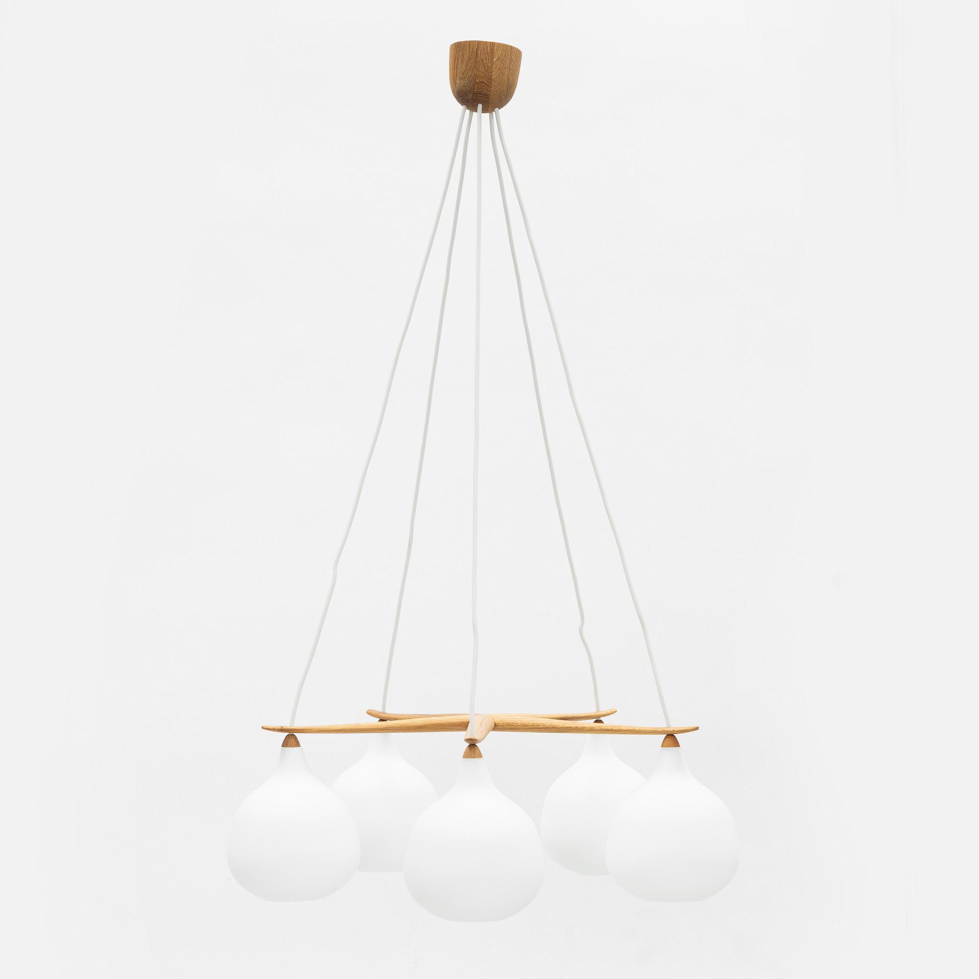 Uno & Östen Kristiansson, a glass and oak ceiling light, Luxus, Vittsjö.