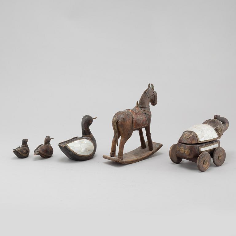 Five wooden toys from the latter half of the 20th century.