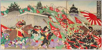 A triptych woodblock print by an unknown painter. Sino-japanese war, dated 1894 (Meiji 27).