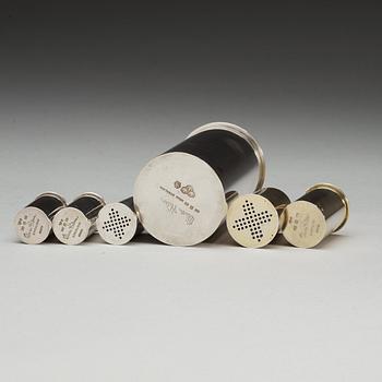 A set of six Wiwen Nilsson sterling cylindrical spice jars, Lund 1965 and -69.