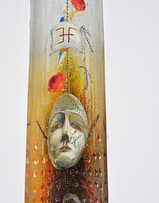 Bertil Vallien, a sand cast glass sculpture of a standing half-boat, Kosta Boda, Sweden.