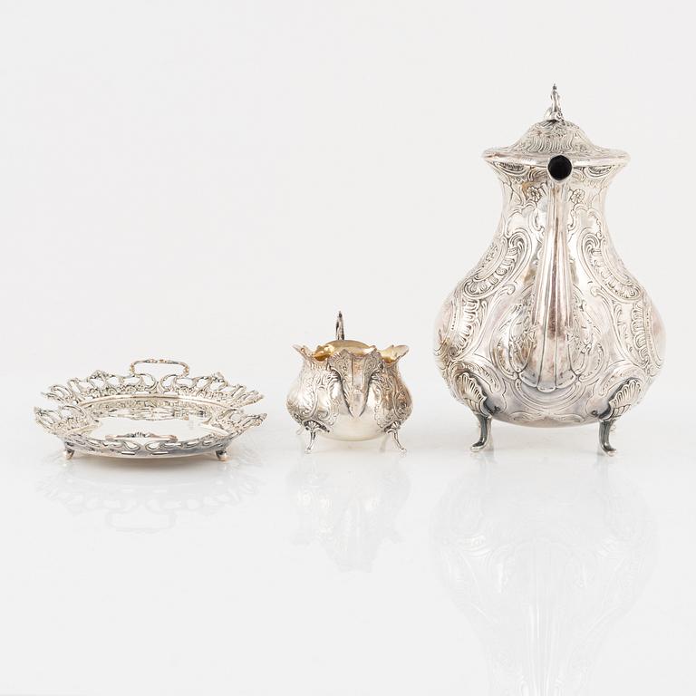 A Swedish Silver Coffee Pot, Creamer and Tray, mark of Gewe Silvervarufabriken Ab, Malmö 1960-67.