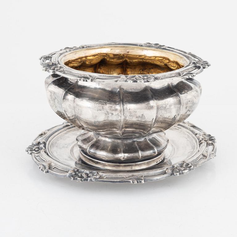 A Swedish Silver Rococo-Revival Sauce Bowl with Dish, mark of Gustaf Möllenborg, Stockholm 1847.