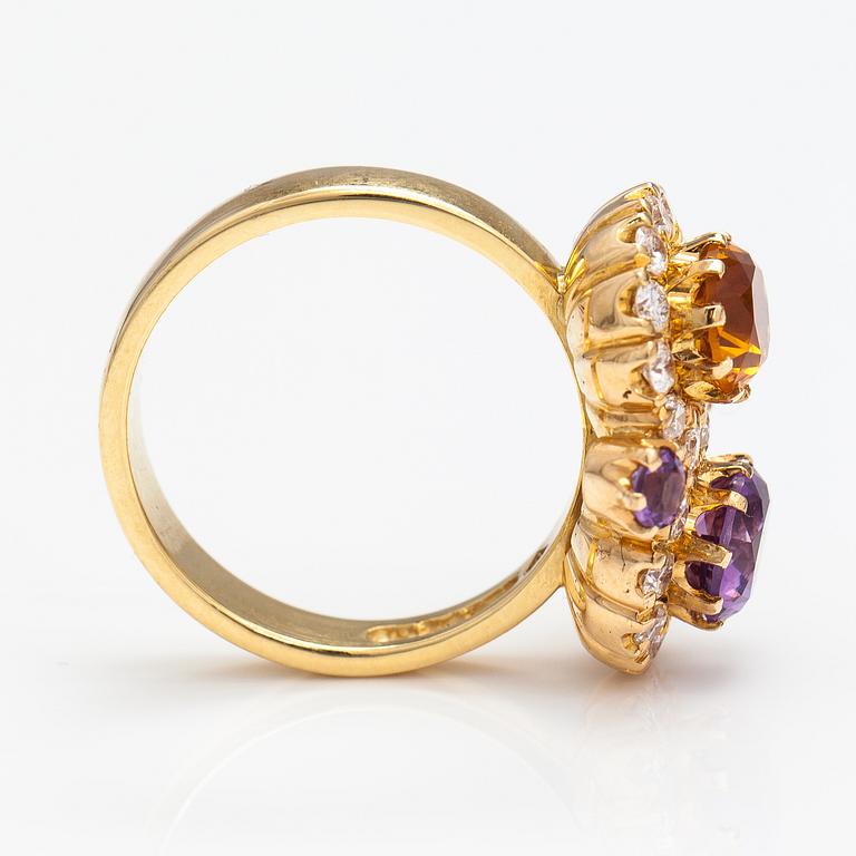 Ring "Sofia Albertina", 18K guld, citrin, ametister, diamanter ca 0.72 ct tot. Ofelia Jewelry, Helsingfors 1998.