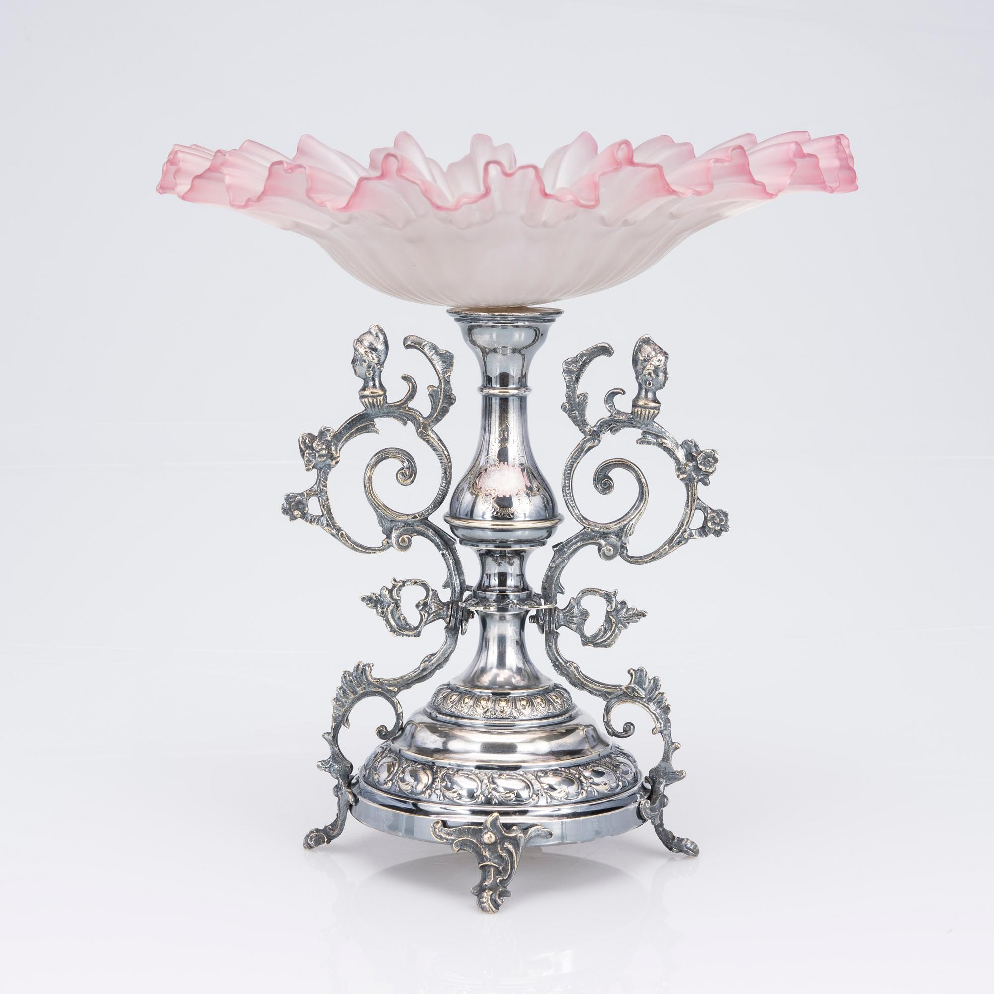 UPPSATSSKÅL, försilvrad metall och glas, ca 1900.