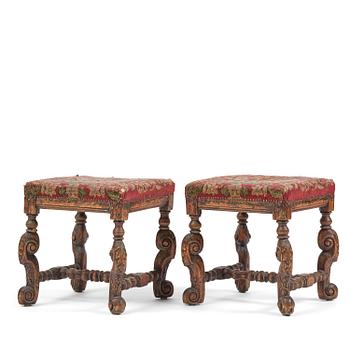 83. A pair of Swedish carved Baroque stools, circa 1700.
