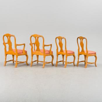 A pair of rococo-style chairs and a pair of armchairs, late 20th century.