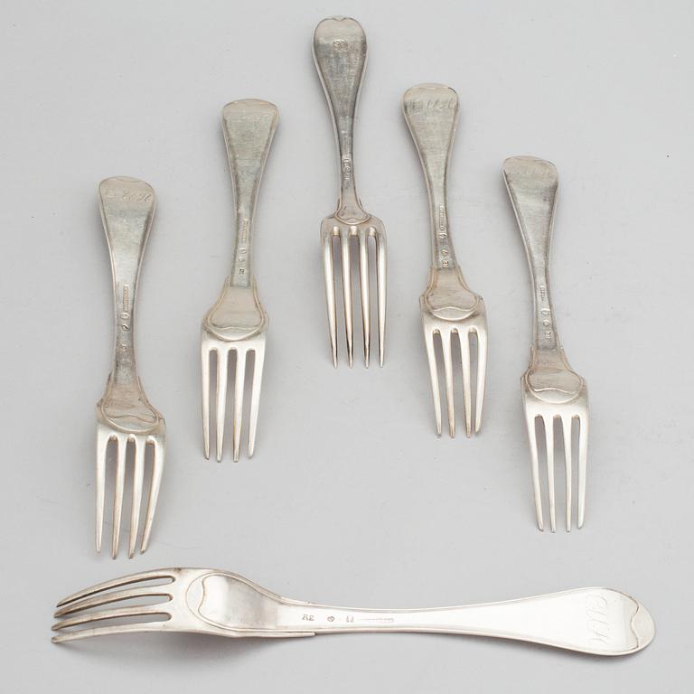GAFFLAR 6 stycken, silver, bland annat Jonas Troselius, Stockholm, 1802. Vikt ca 386 gram.