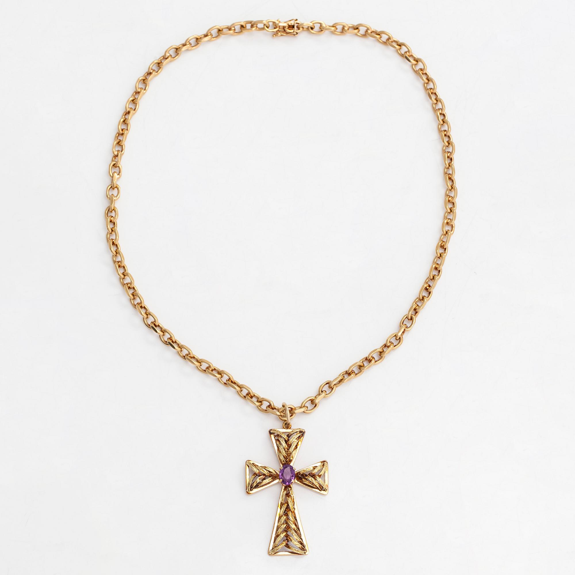 Necklace, 18K gold, cross pendant in 16K gold   with an amethyst. Chain by Anderssons Guld, Stockholm 1982.