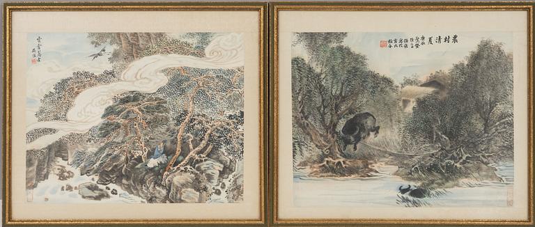 He Zhengxi (1873-1944), 'Landscape with Water Buffalos' and 'Landscape with Crane and Scholar'.