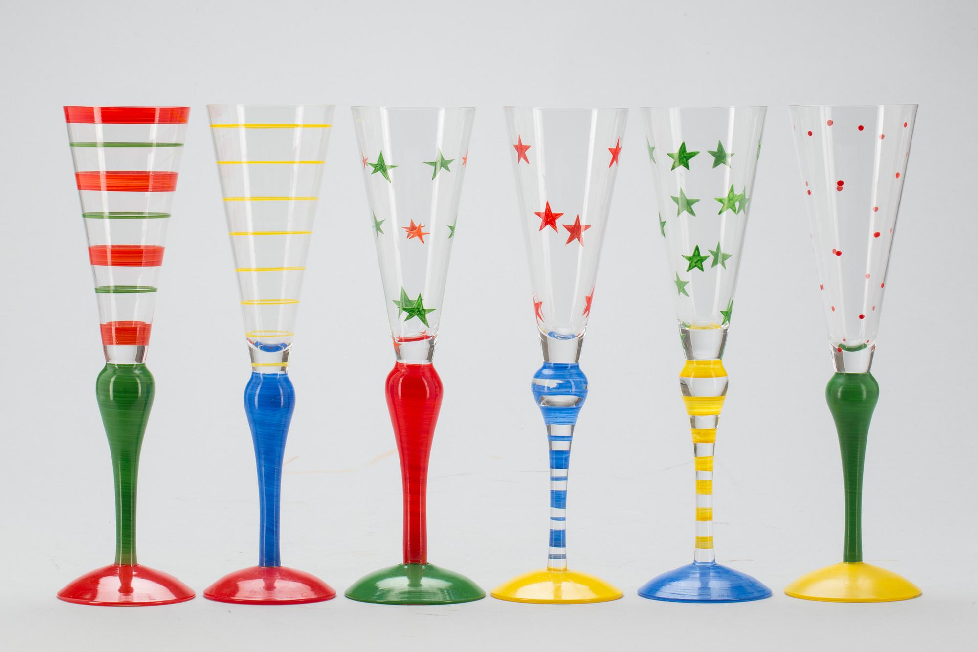 CHAMPAGNESTRUTAR, 6 st. "Clown", signerade, design Anne Nilsson, Orrefors.