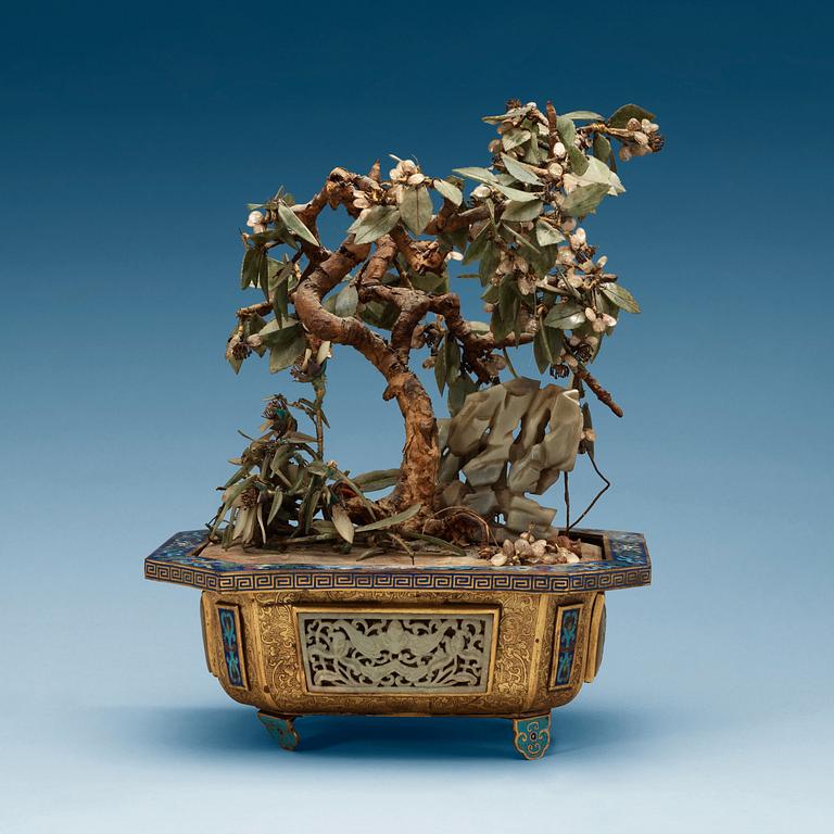 A cloisonné, nephrite, crystal and coral potted garden, Qing dynasty.