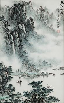 A painting by Yuan Fa Wang, 'The shade of sail on the spring river' (chunjiang fanying), signed.