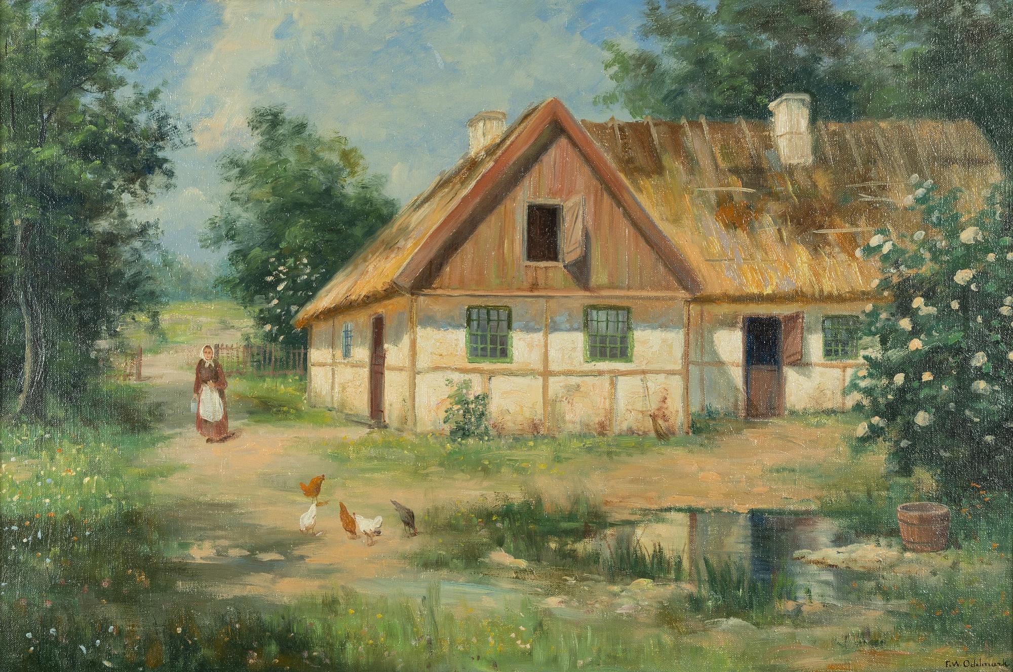 Frans Wilhelm Odelmark, Sunlit Courtyard with Woman and Chickens, Skåne.