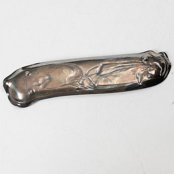 Württembergische Metallwarenfabrik (WMF), Nattljusstakar, ett par, samt bricka, nysilver, jugend, tidigt 1900-tal.