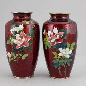 A pair of Japanese enamelled vases, Meiji (1868-1912).