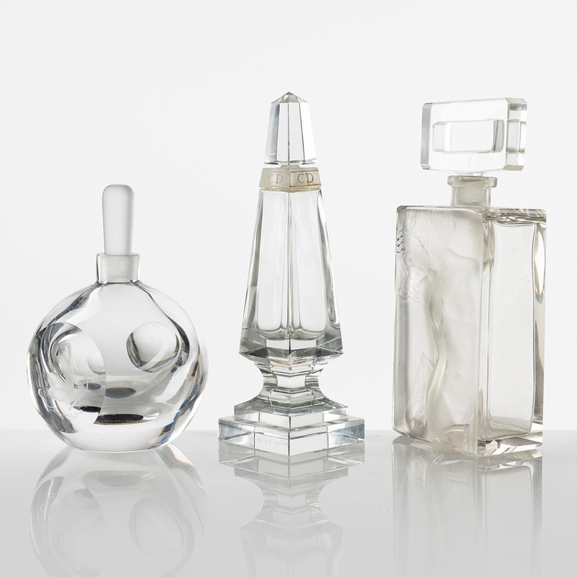 Three glass flacons, including one Vicke Lindstrand, Orrefors.