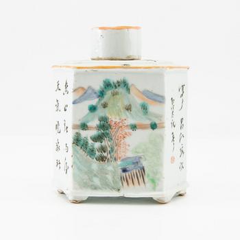 A set of two Chinese tea pots and a tea caddy, early 20th century.