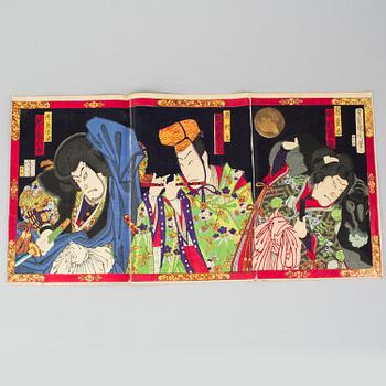 A Japanese woodblock print, triptych, by Toyohara Kunichika (1835–1900). Late 19th century.