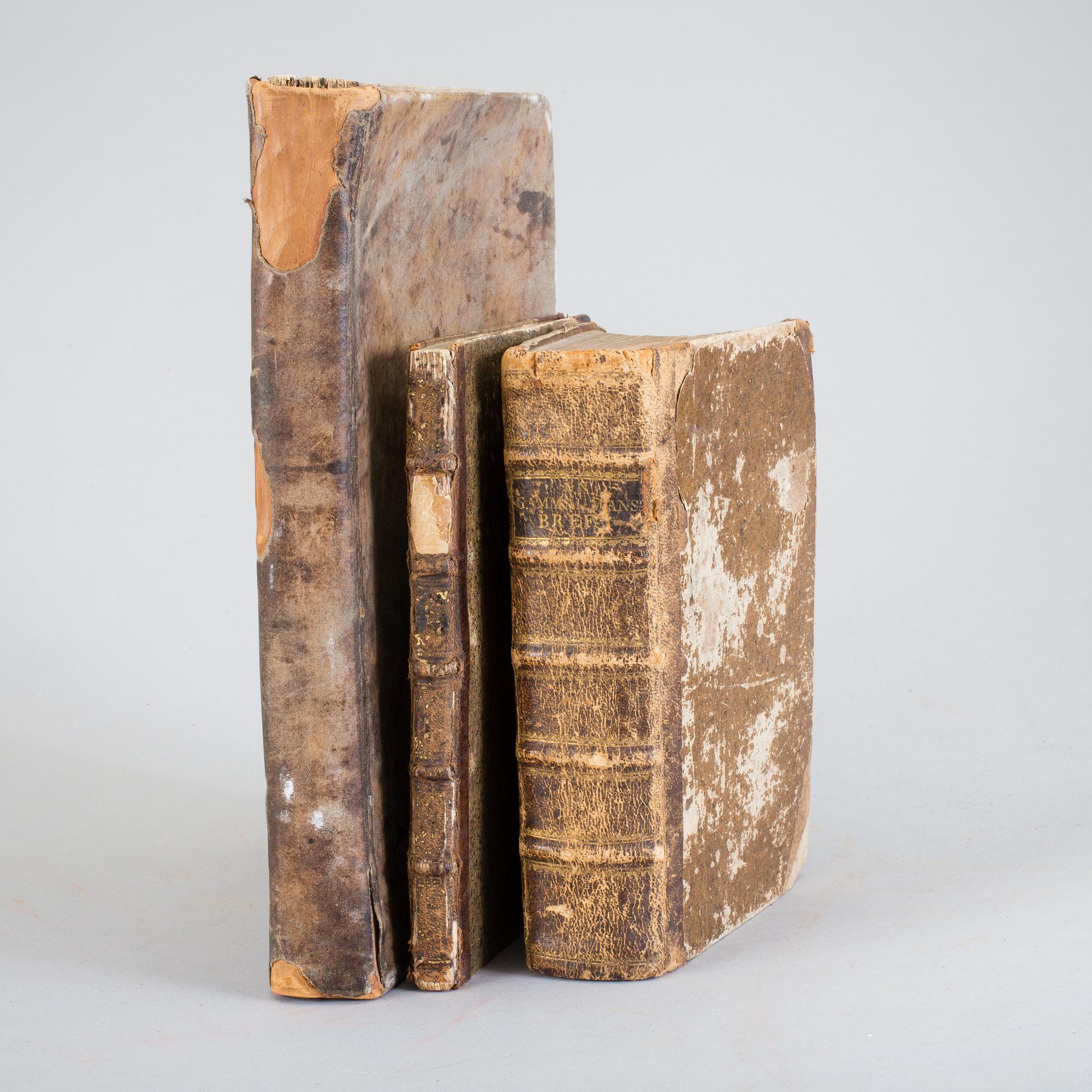 BOKPARTI, 3 volymer, bla Guds Werk och Hwila, av Haquin Spegel, Stockholm 1685.