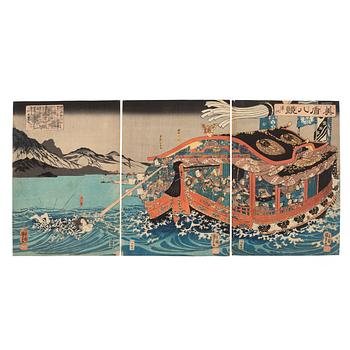 Utagawa Kuniyoshi, träsnitt, triptyk, sannolikt 1800-tal.