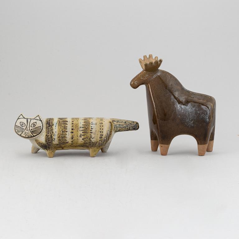 Lisa Larson. Two stone ware figurines in the shape of a cat and a moose, Designed in 1957 for Gustavsberg.