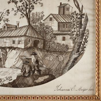 AN EMBROIDERY, ivory coloured silk, A Harvest scene, ca 28 x 33 cm, signed and dated Johanna C. Meijer 1803.