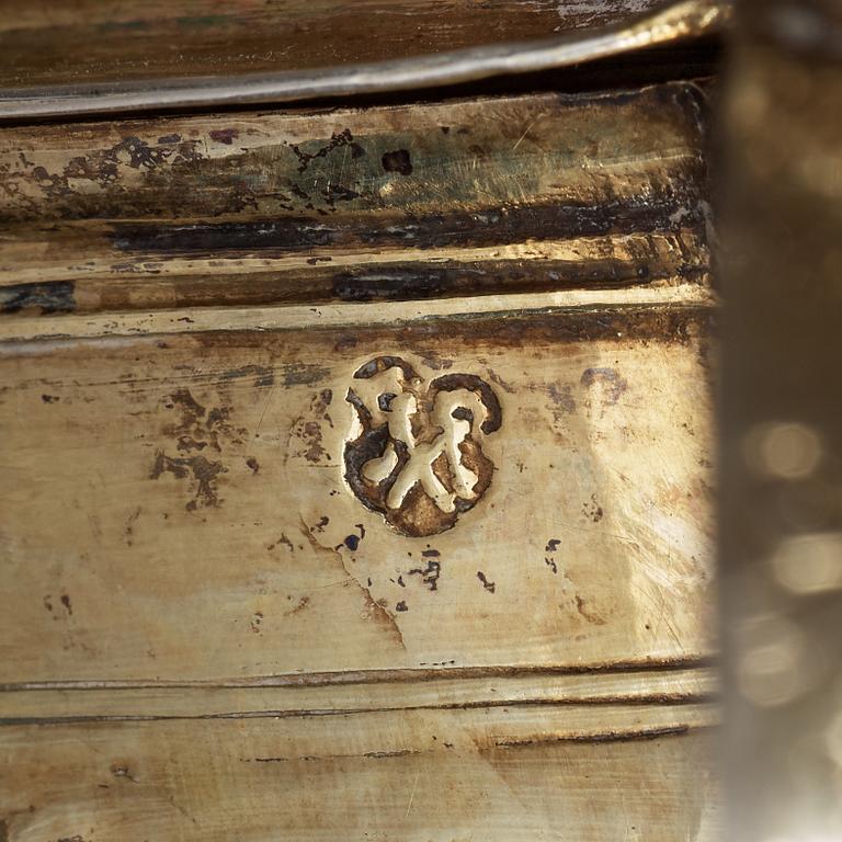 A German, probably Helmstedt late 17th century parcel-gilt tankard, unidentified makers mark.