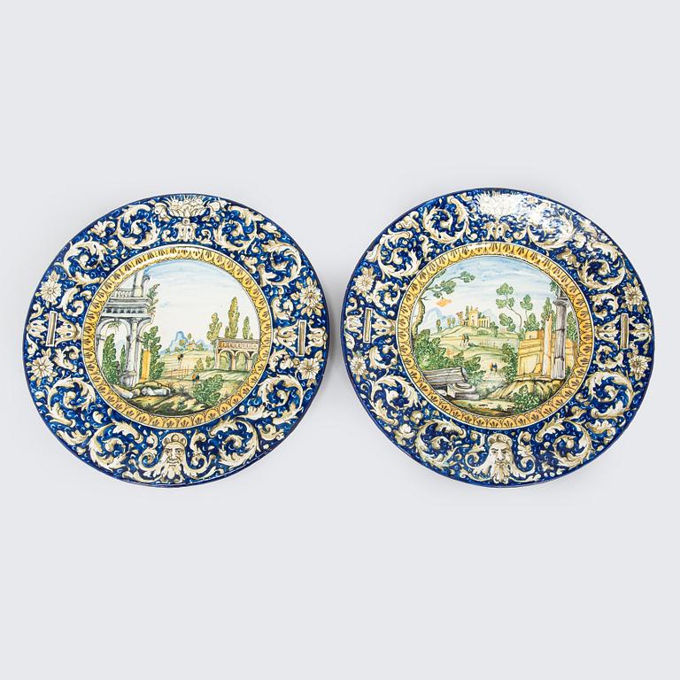 Two faience chargers in historic style, Italy, late 19th century.