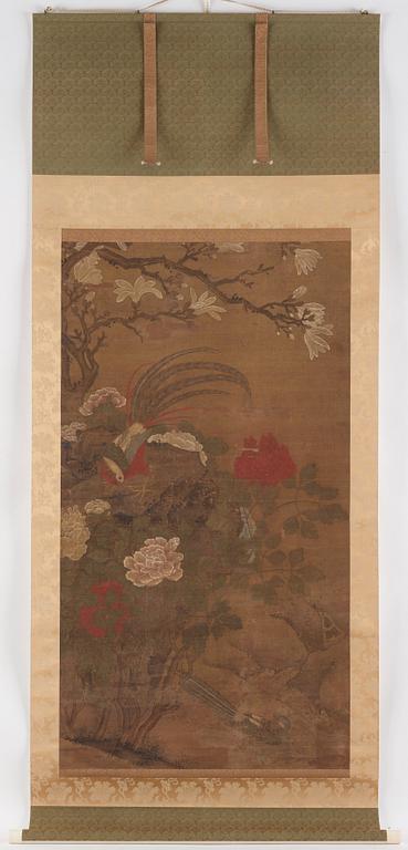 A scroll painting, ink and colour on silk laid on paper, by anonymous artist, late Ming/early Qing dynasty.