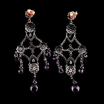 ÖRHÄNGEN, 1 par, silver/guld, ametister och diamanter/rosenstenar ca 2.85 ct.