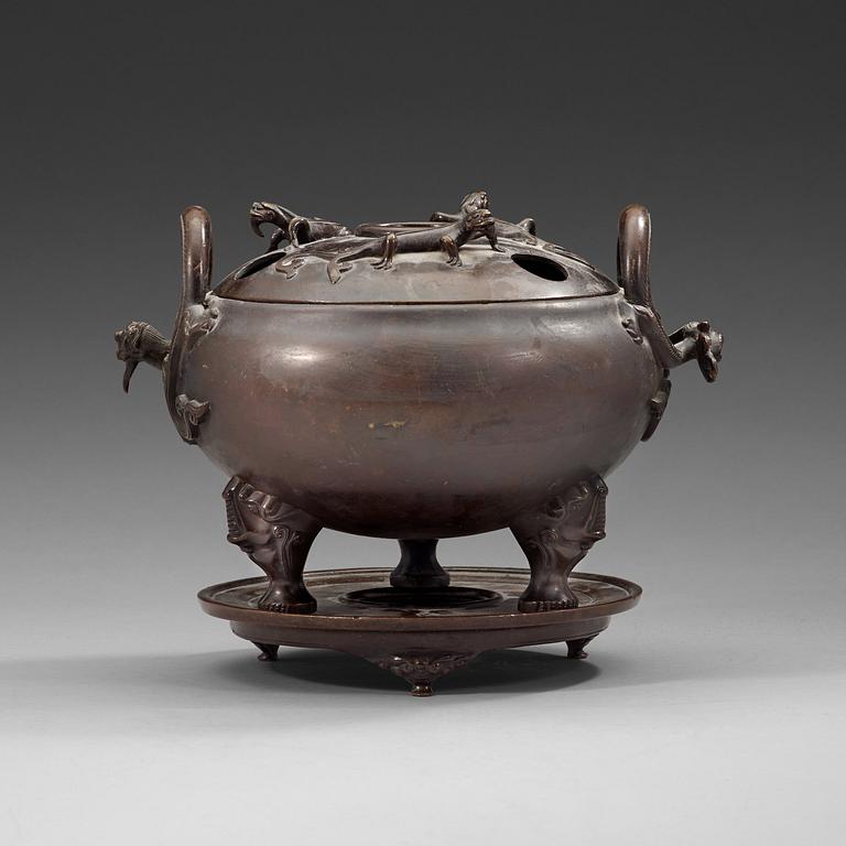 A bronze tripod censer with cover and stand, Qing dynasty, 17/18th Century.