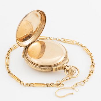 American Waltham Watch Co, pocket watch, hunter, 14K gold, with chain, 53.5 mm.