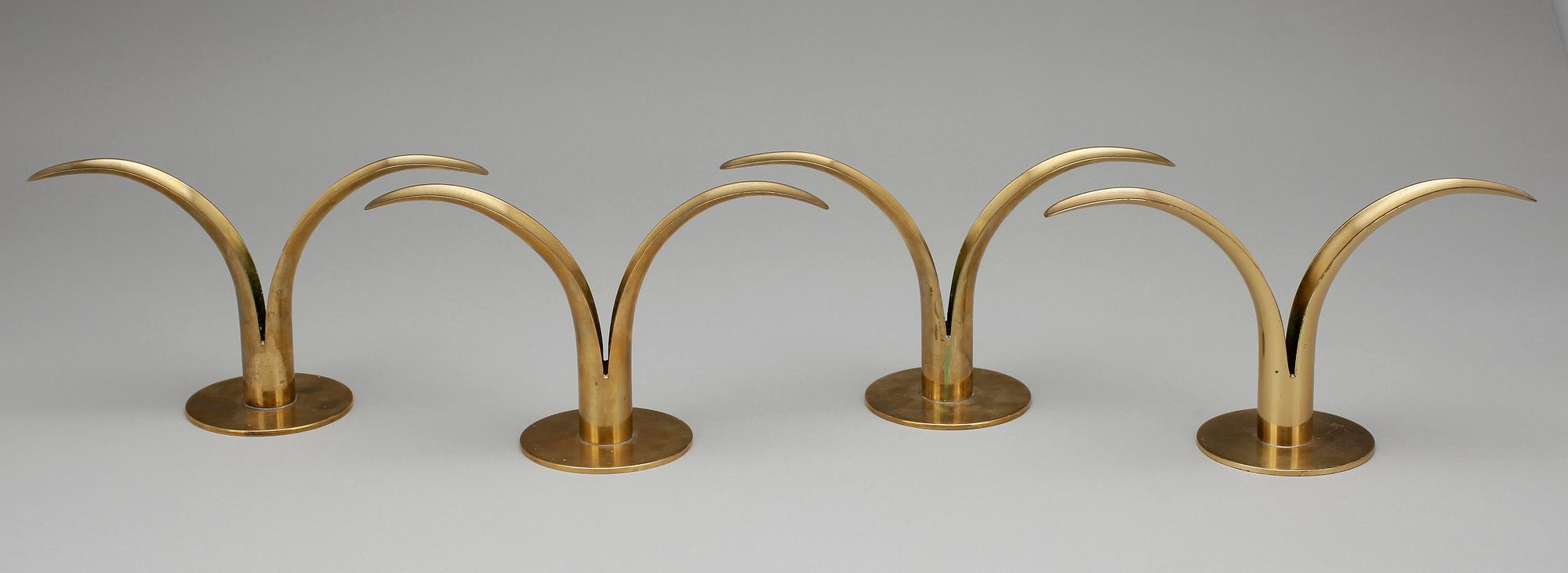 LJUSSTAKAR, 4 st, mässing, "Liljan", Ivar Ålenius Björk för Ystad-Metall, 1900-tal.