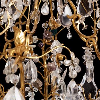 A French Louis XV-style six-branch gilt-bronze, rock crystal and amethyst chandelier, 19th century.