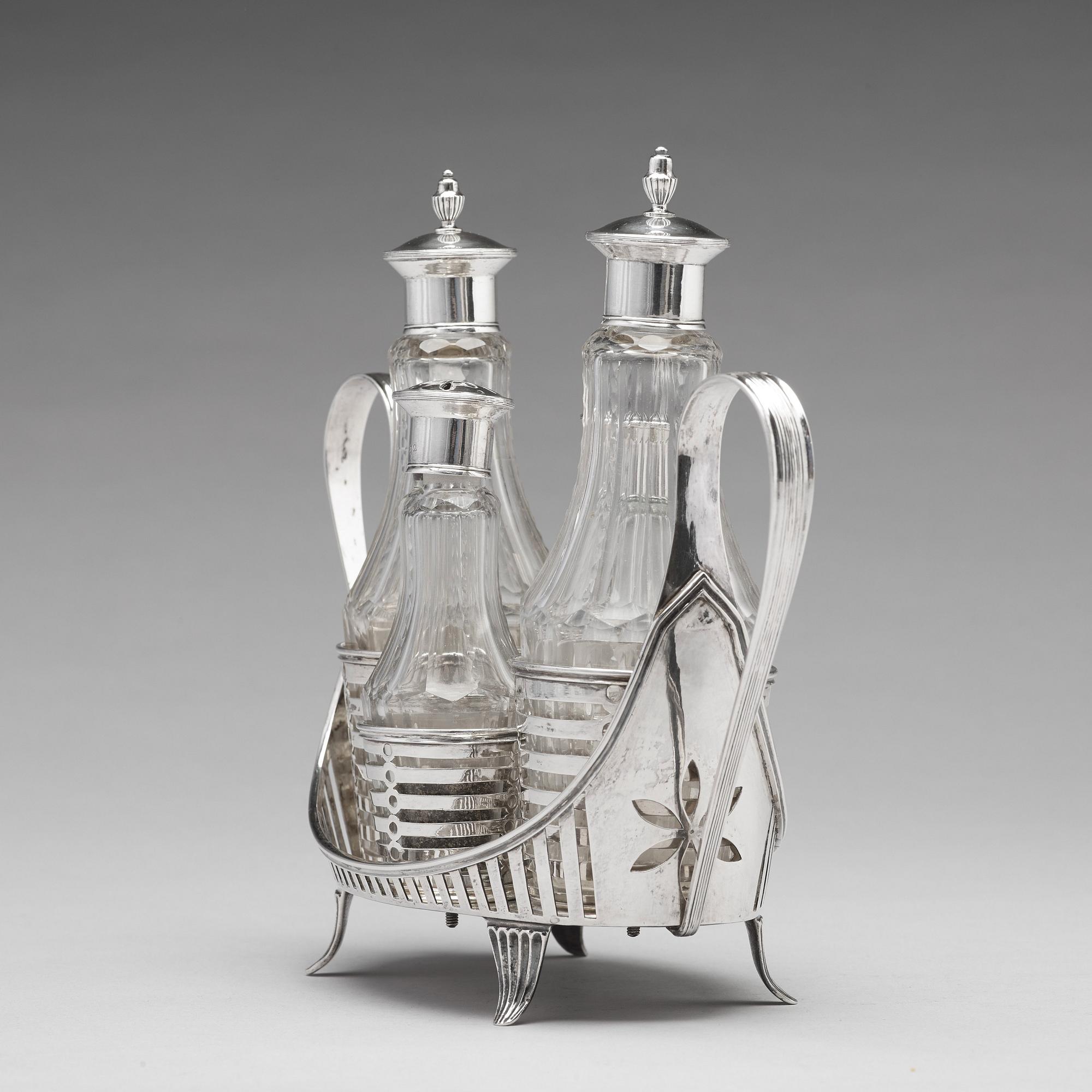A Swedish 18th century silver and glass, cruet-set, mark of Stepan Westerståhle, Stockholm 1798.