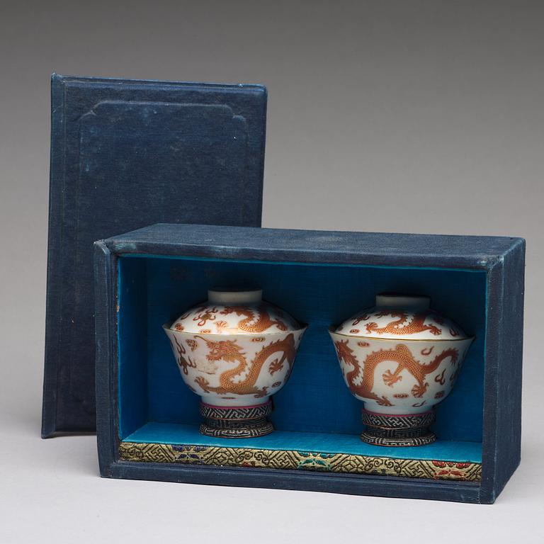 A set of two five clawed dragon cups with covers, China, early 20th Century with mark.