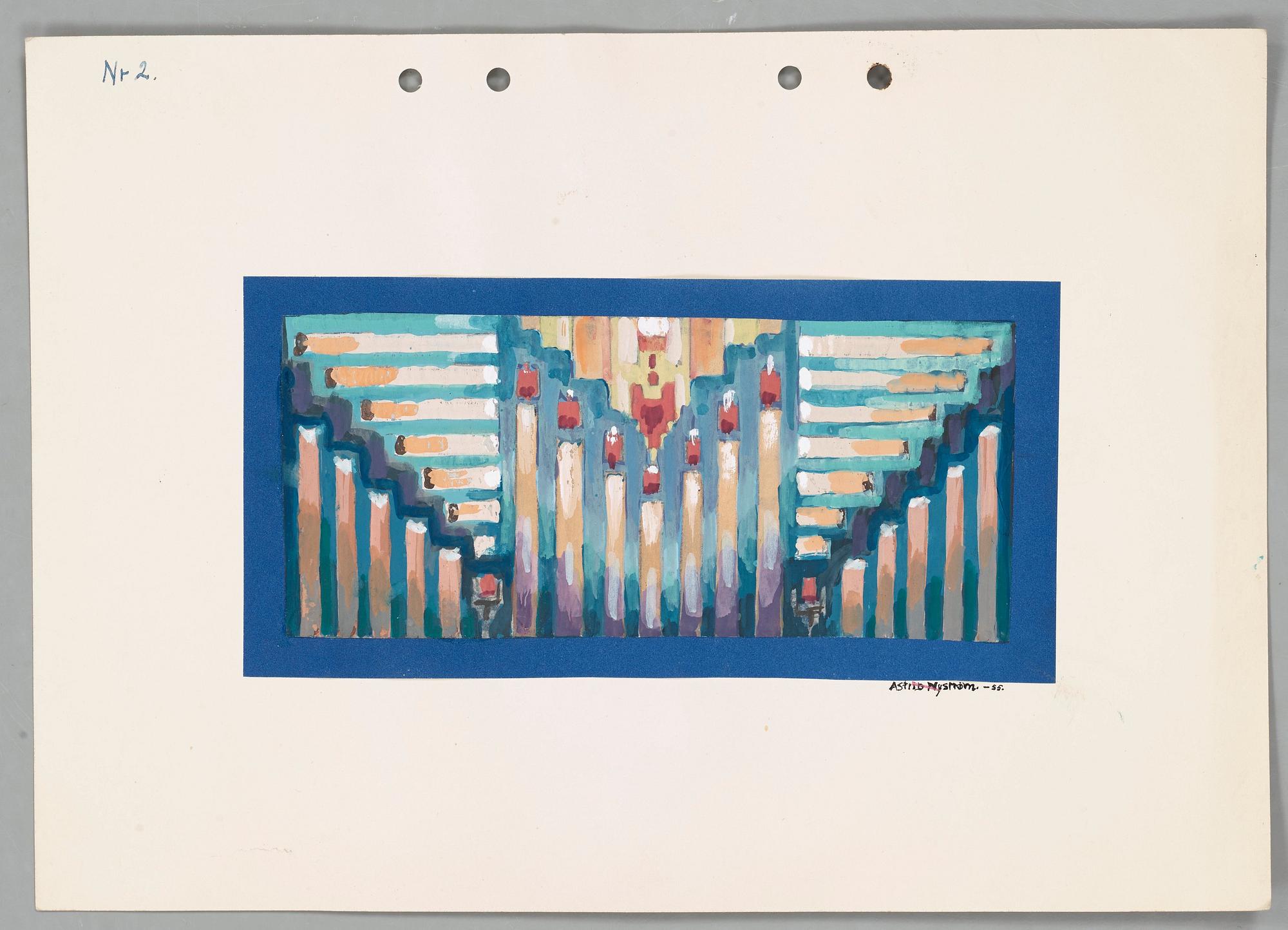 CARPET SKETCHES, 4 sheets. Watercolour and graphite. Three by Agda Österberg and one by Astrid Nyström.