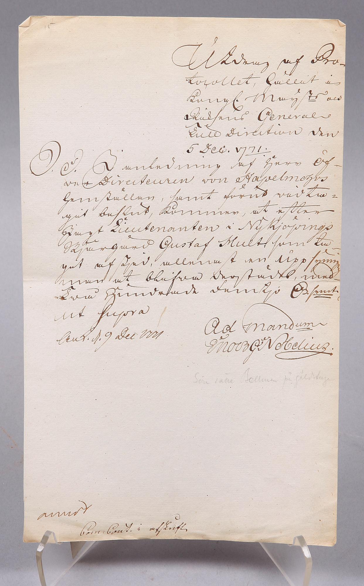 PROTKOLLSUTDRAG MED AUTOGRAF, Enoch Nobelius (1730-1799), sign o dat 1771.