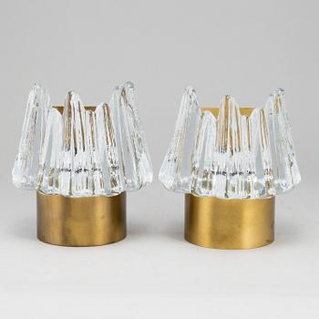 A pair of glass and brass wall lights, Nafa, Nybro Armaturfabrik AB, second half of the 20th century.