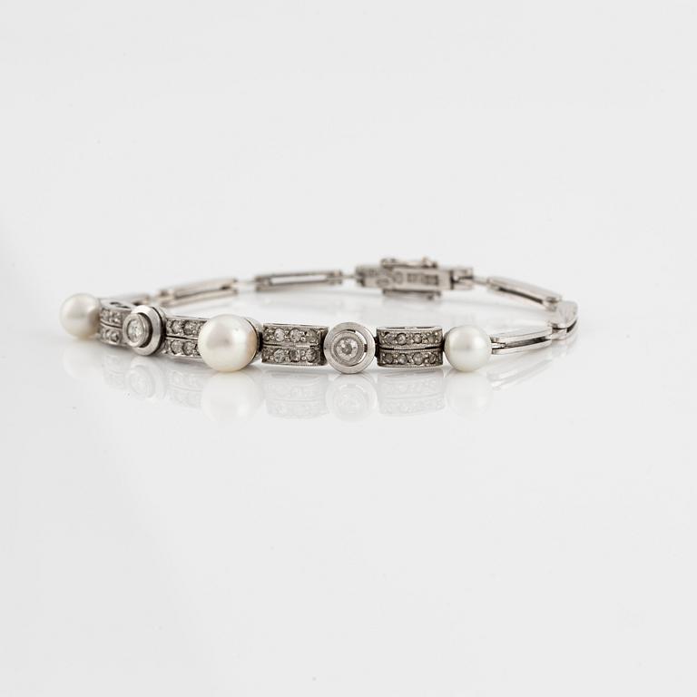 Armband/tiara, med pärlor, gammalslipade och rosenslipade diamanter.