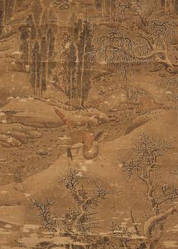 A hanging scroll of a river and mountain landscape in the style of Liu Songnian (1155-1218), Qing dynasty, 19th century.