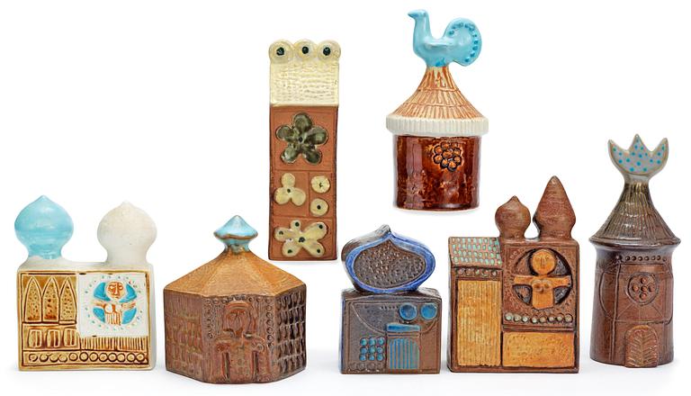 A Bertil Vallien set of seven stoneware sculptures, 'Bagdad', Gustavsberg 1960's.