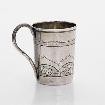 Five silver beakers, maker's mark of  P.J. Silventoinen, and a box, cup and letter opener, Russia, France and Finland.