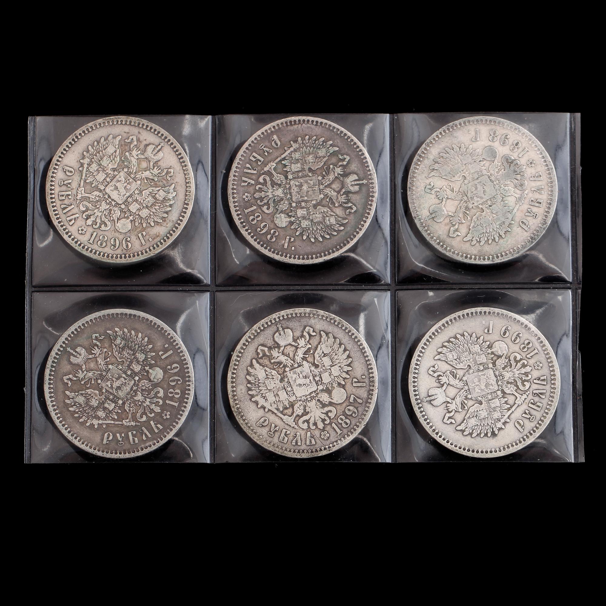 SILVERMYNT, 6 st, rubel, Ryssland, 1896-1899. Vikt ca 118 gram.