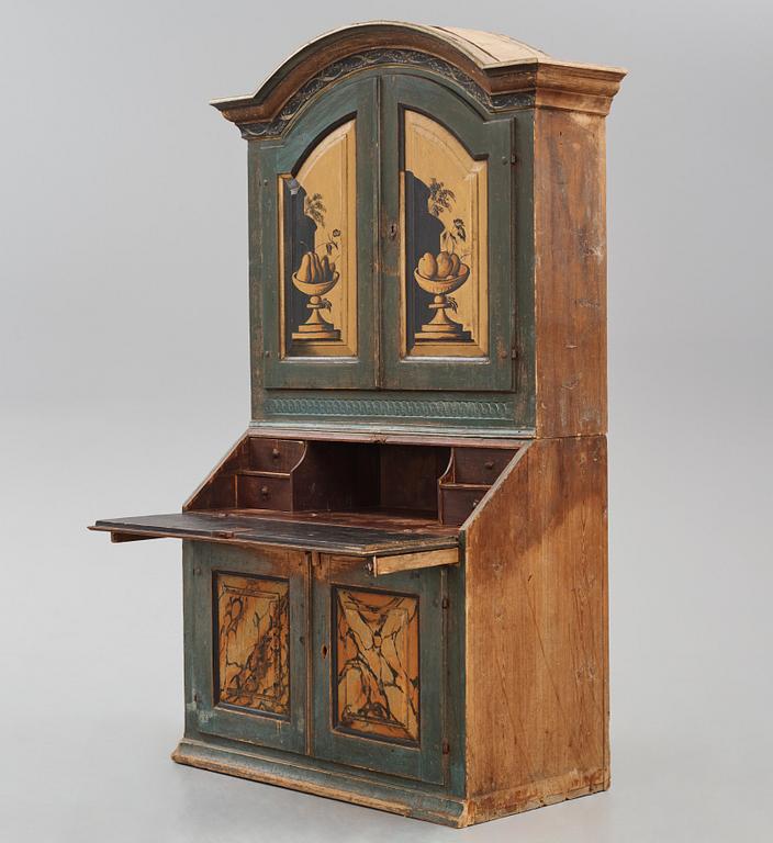 A polychrome-painted writing-cabinet attributed to J. Bäckström (1773-1837), dated 1828.