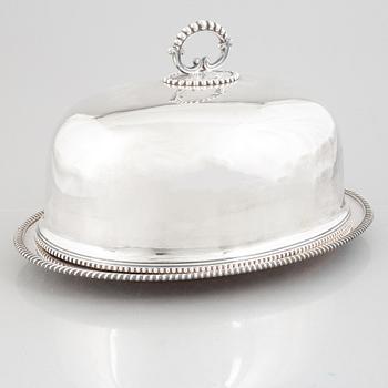 A silver plate food dome cover, Atkin Brothers, Sheffield, England, and a dish, circa 1900.